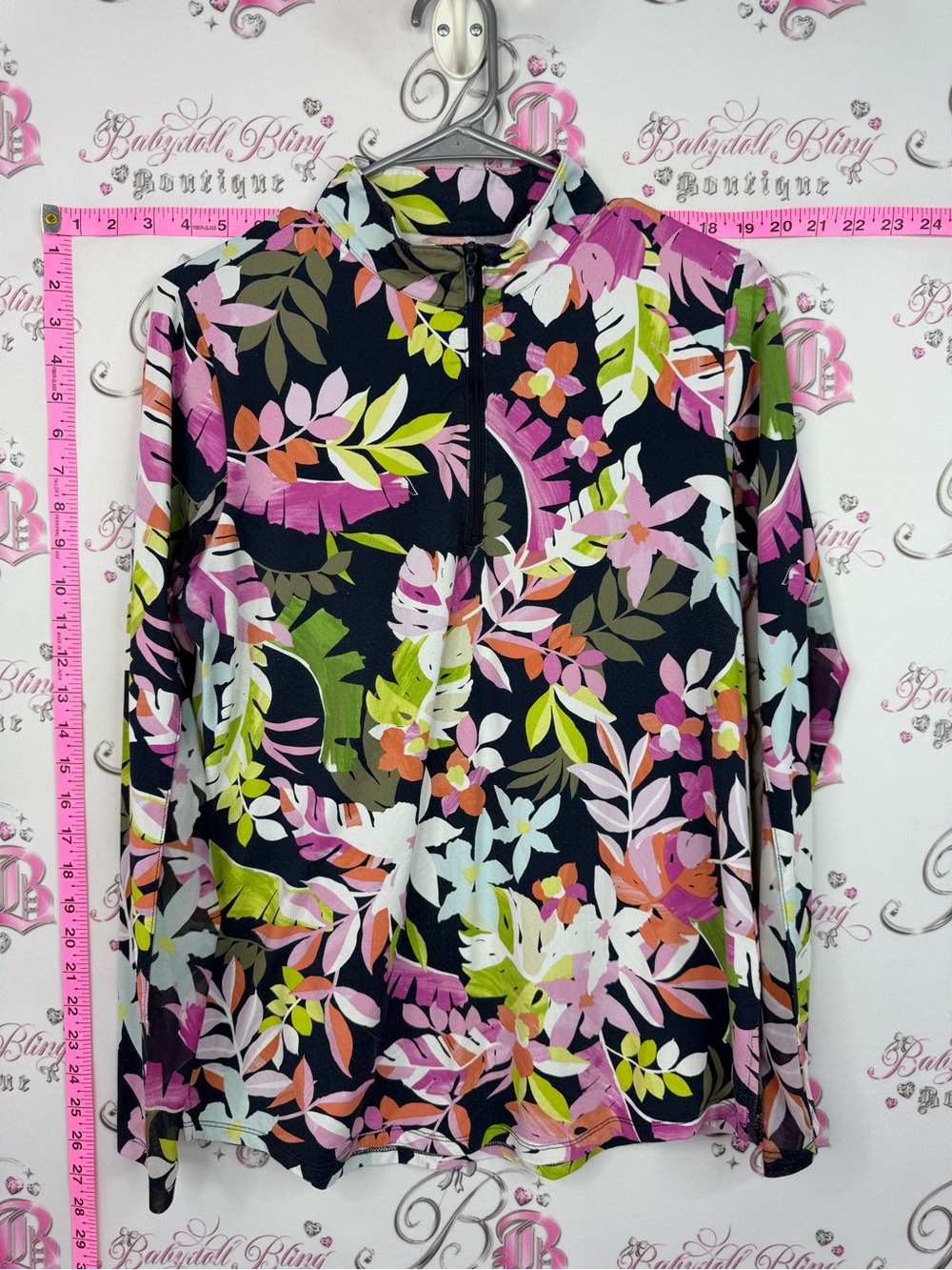 Tribal sweater Long Sleeve Zip Shirt - Black with Pink, Green & White Floral